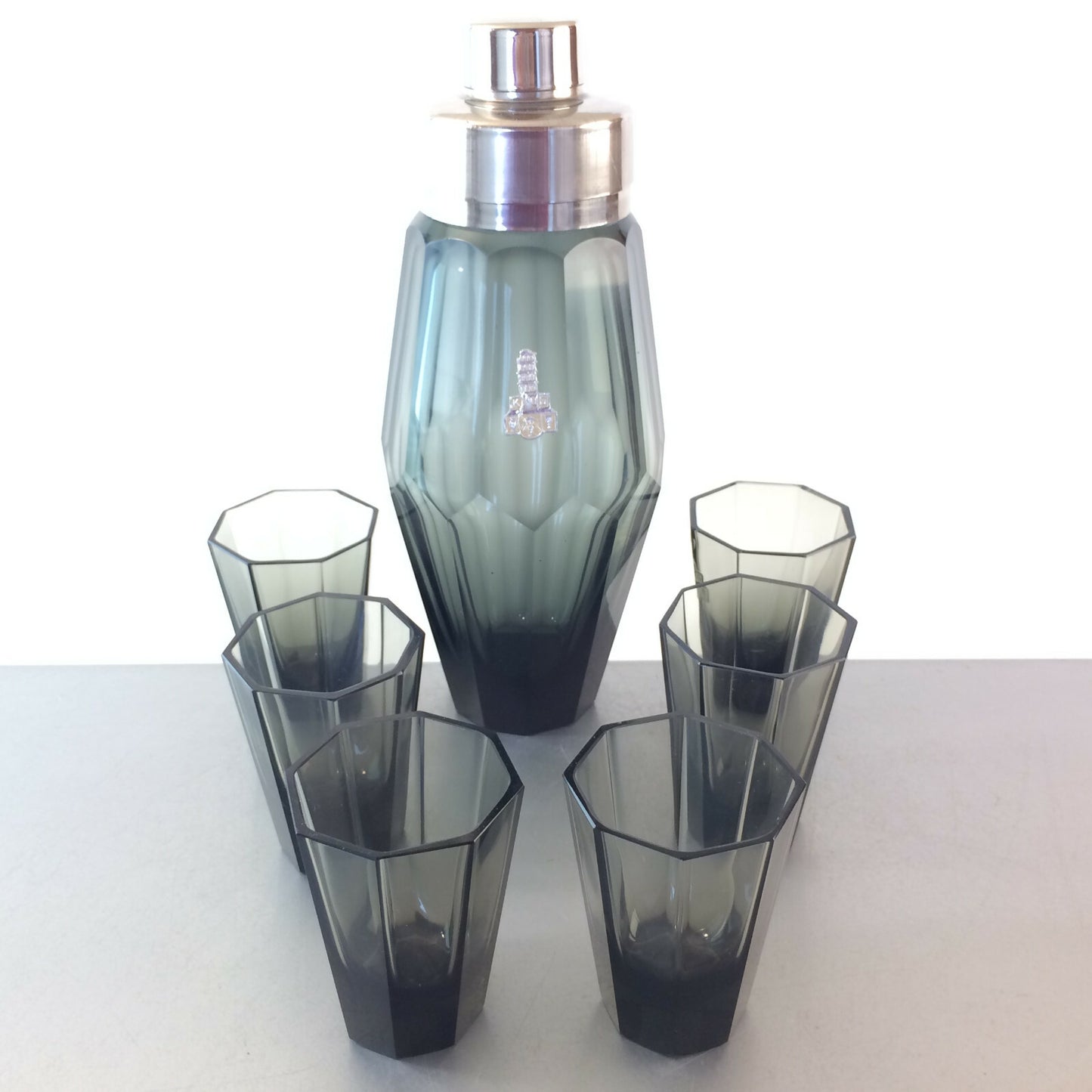 VINTAGE Shaker Art Déco Facetten HAIDA Böhmen Cocktailshaker Glas Gläser