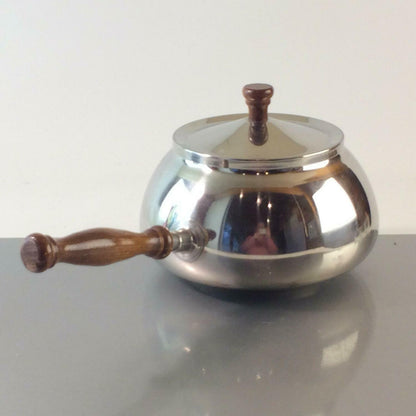 FGG Fonduetopf FONDUE Topf Stieltopf Edelstahl Teak HOLz Griff 50er 60er