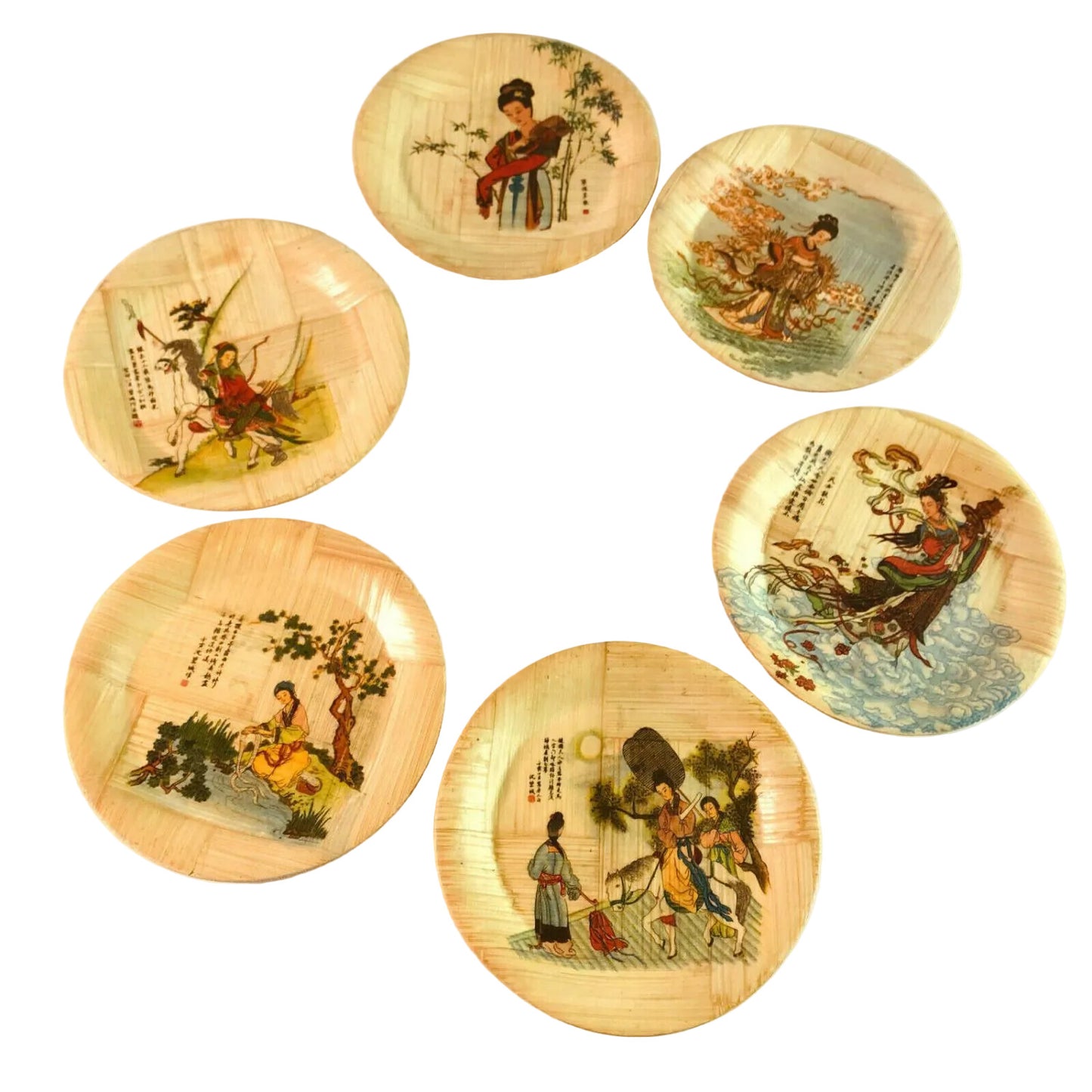 6er Set Untersetzer Taiwan CHina Gläser 50er 60er Holz bemalt 10,8 cm