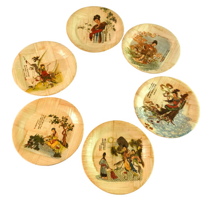 6er Set Untersetzer Taiwan CHina Gläser 50er 60er Holz bemalt 10,8 cm