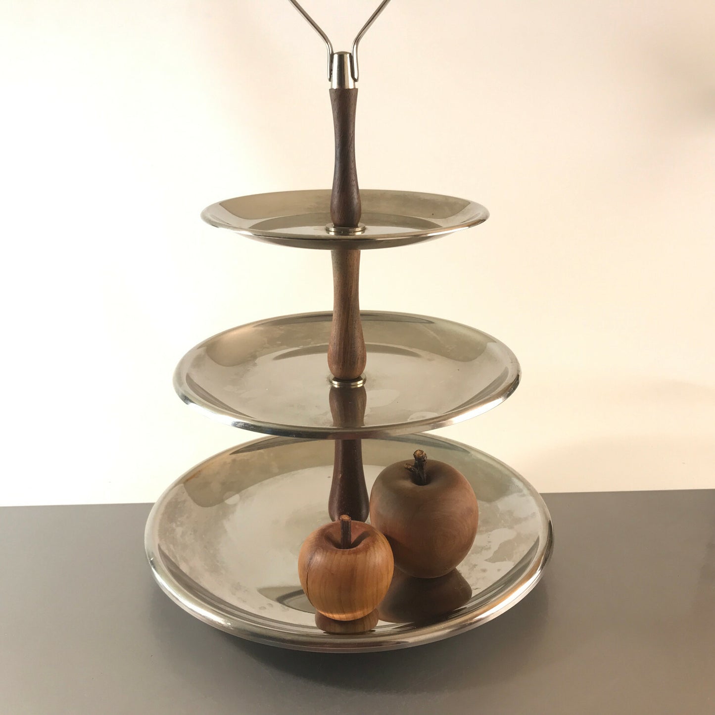 SUS Edelstahl VINTAGE 60er Holz Etagere Schale Teller 35 cm Teak Halter Deko