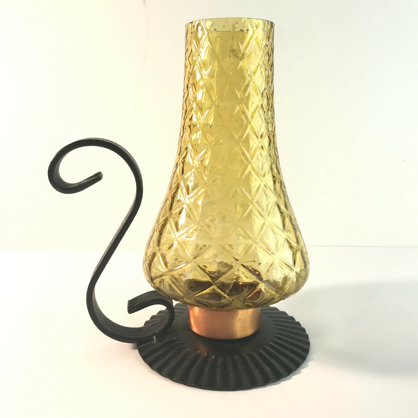 Kerzenhalter Windlicht Glas Schirm 21 cm 60er Kerzenständer Metall gelb