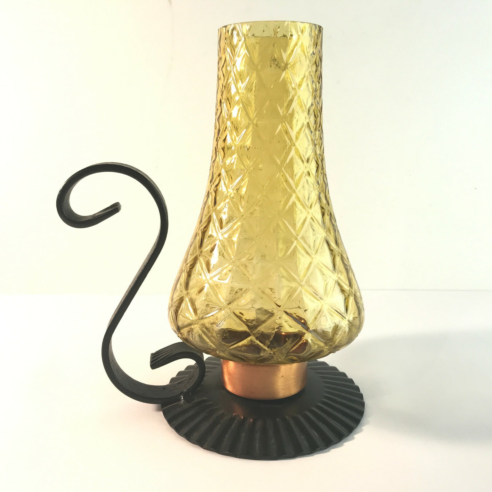 Kerzenhalter Windlicht Glas Schirm 21 cm 60er Kerzenständer Metall gelb