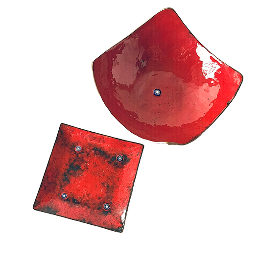 MID CENTURY Emaille Schalen 50er Vintage rot D 13,7 / 16 cm