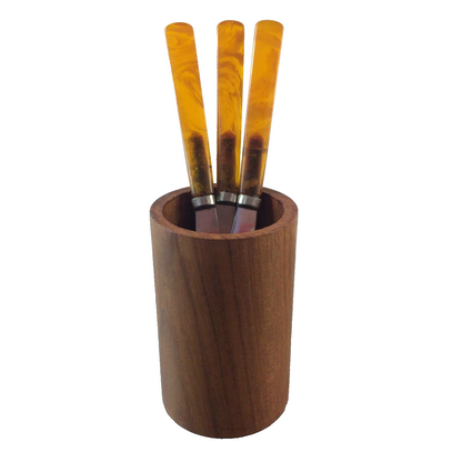 Becher Holzbecher 9,4 cm Obstmesser Set helbe Griffe Kunststoff Bakelit