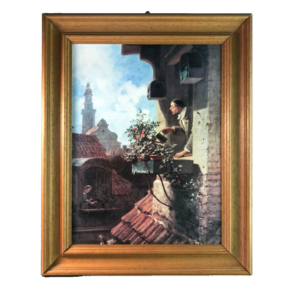Vintage Druck von Spitzweg Blumen gießen  mit Hokzrahmen 33 x 41 cm 70er