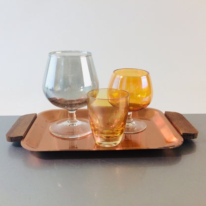 Cognacgläser 50er 60er Gläser Glas mit Tablett Kupfer Teak Schnapsglas