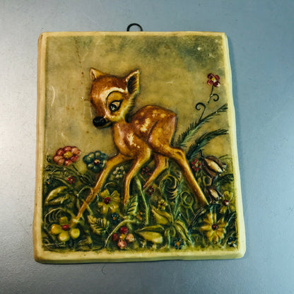 Vintage Wachsbild 30er 40er 50er Reh Bambi H 17 cm Blumenwiese Blüten
