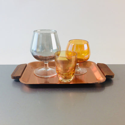 Cognacgläser 50er 60er Gläser Glas mit Tablett Kupfer Teak Schnapsglas