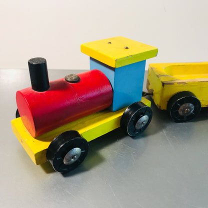 Antiker alter Holz Spielzeug Zug mit Lok und Wagons VINTAGE bunt