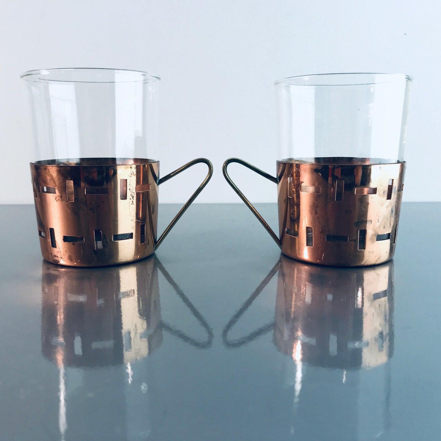 Teegläser Halter 50er 60er Set SCHOTT MID CENTURY Teetassen Glas Kupfer