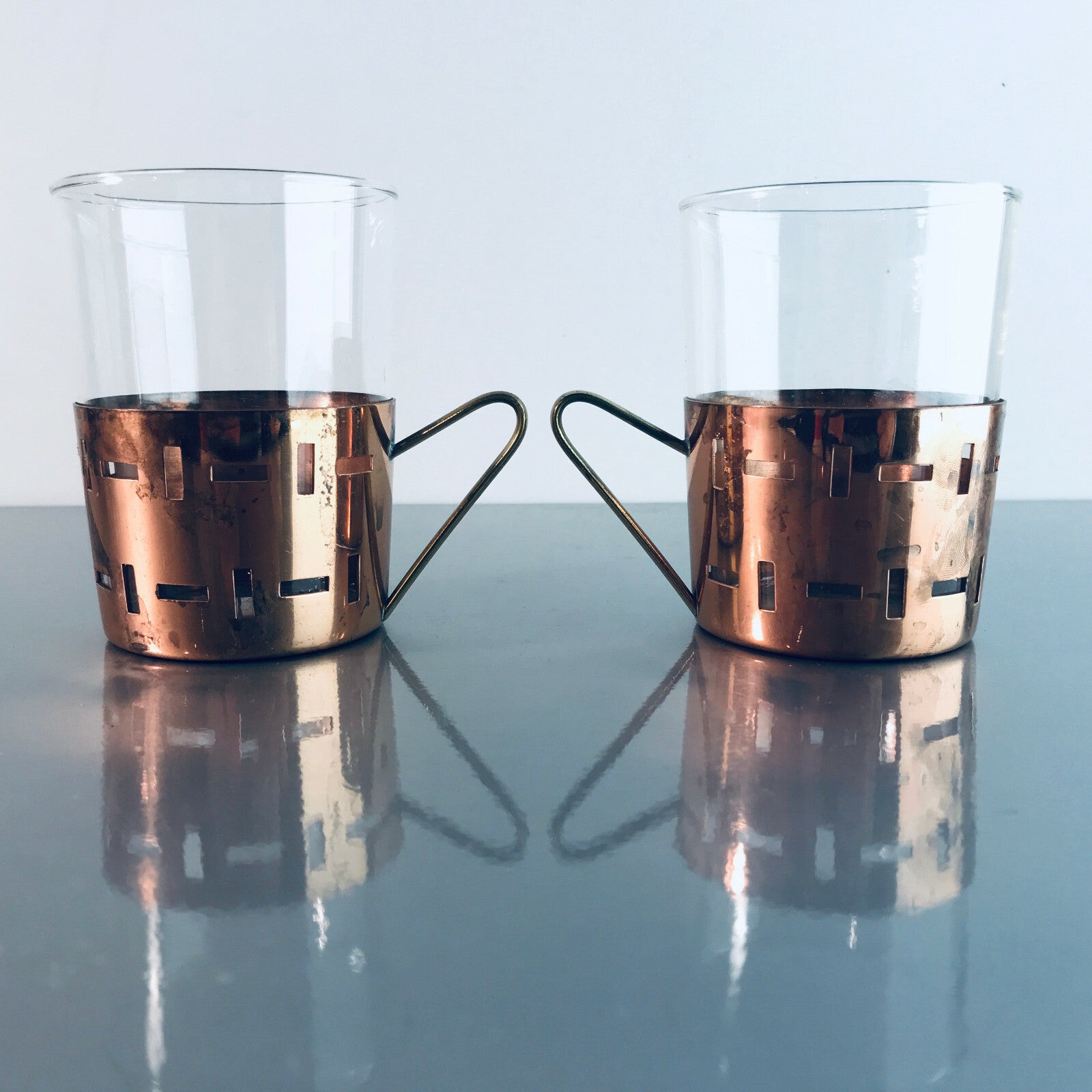 Teegläser Halter 50er 60er Set SCHOTT MID CENTURY Teetassen Glas Kupfer