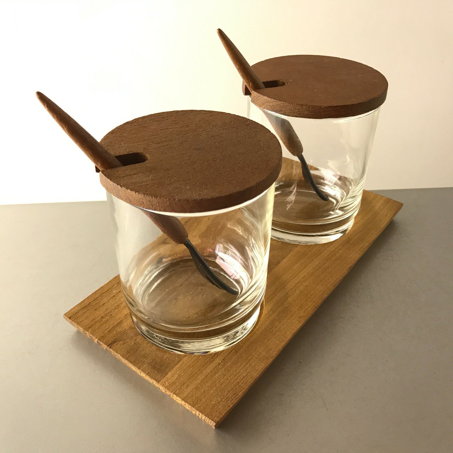 VINTAGE Glas Schalen D 7,5 TEAK Holz Schälchen 50er 60er Löffel Honig