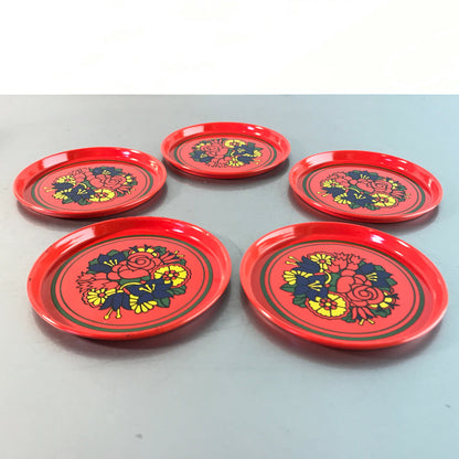 Untersetzer Metall 60er 70er 8,2 cm 5 er Set Vintage rot  Muster