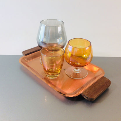 Cognacgläser 50er 60er Gläser Glas mit Tablett Kupfer Teak Schnapsglas