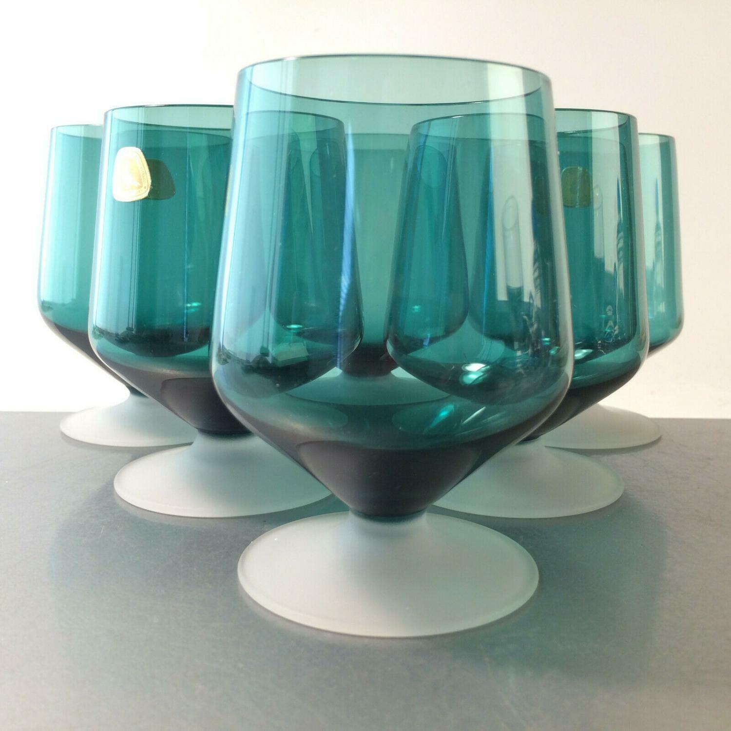 TAUBE Gläser 9,8 cm Satinato Fuß blau 6er Set  MID CENTURY GLAS  50er 60er