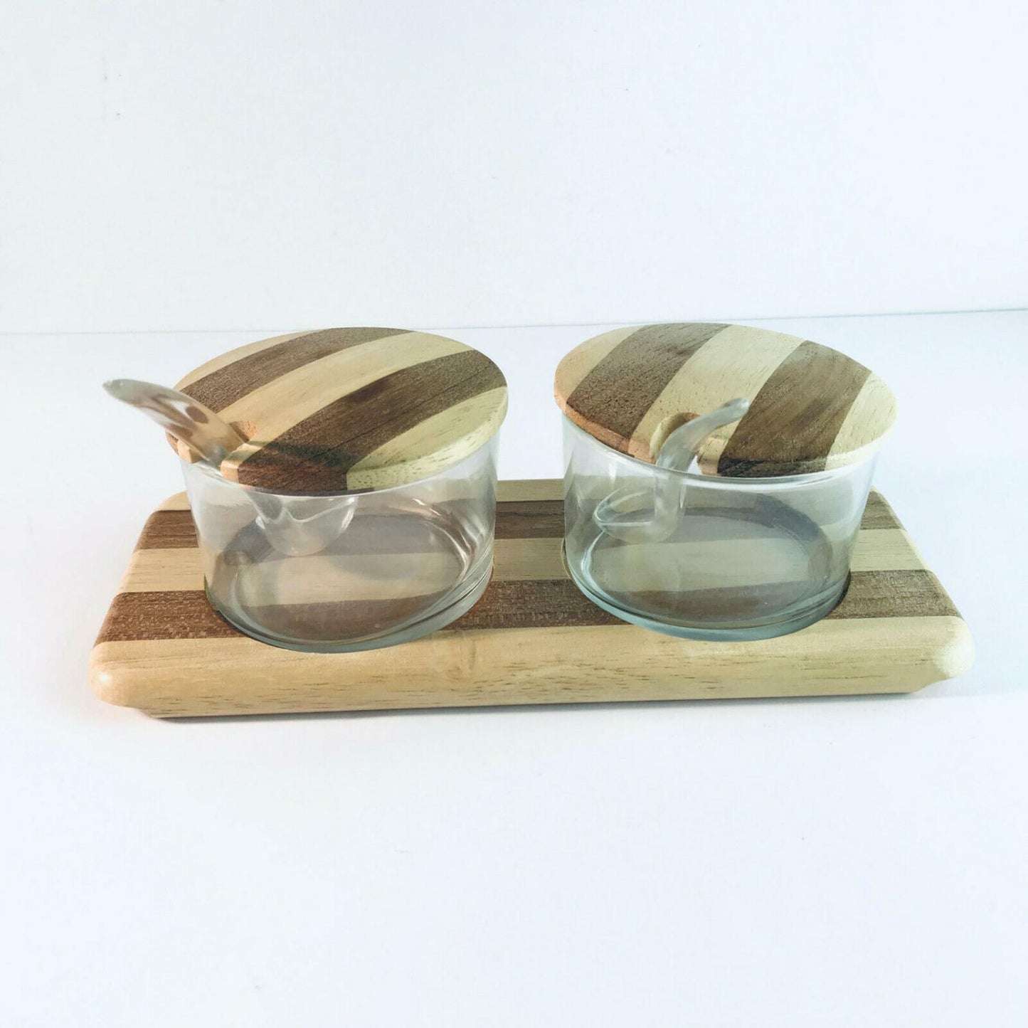 Honig- und Konfitürenset D 9 cm Schälchen Glas Tablett Holz 24,5 cm