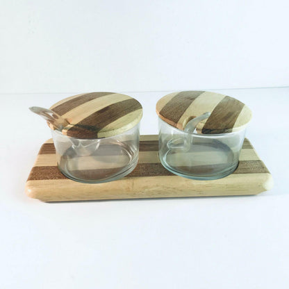 Honig- und Konfitürenset D 9 cm Schälchen Glas Tablett Holz 24,5 cm