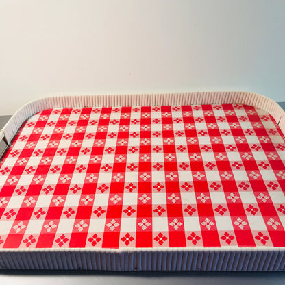 MID CENTURY 50er 60er Tablett  34 x 47 cm Blumen Karo rot Kunststoff 70er