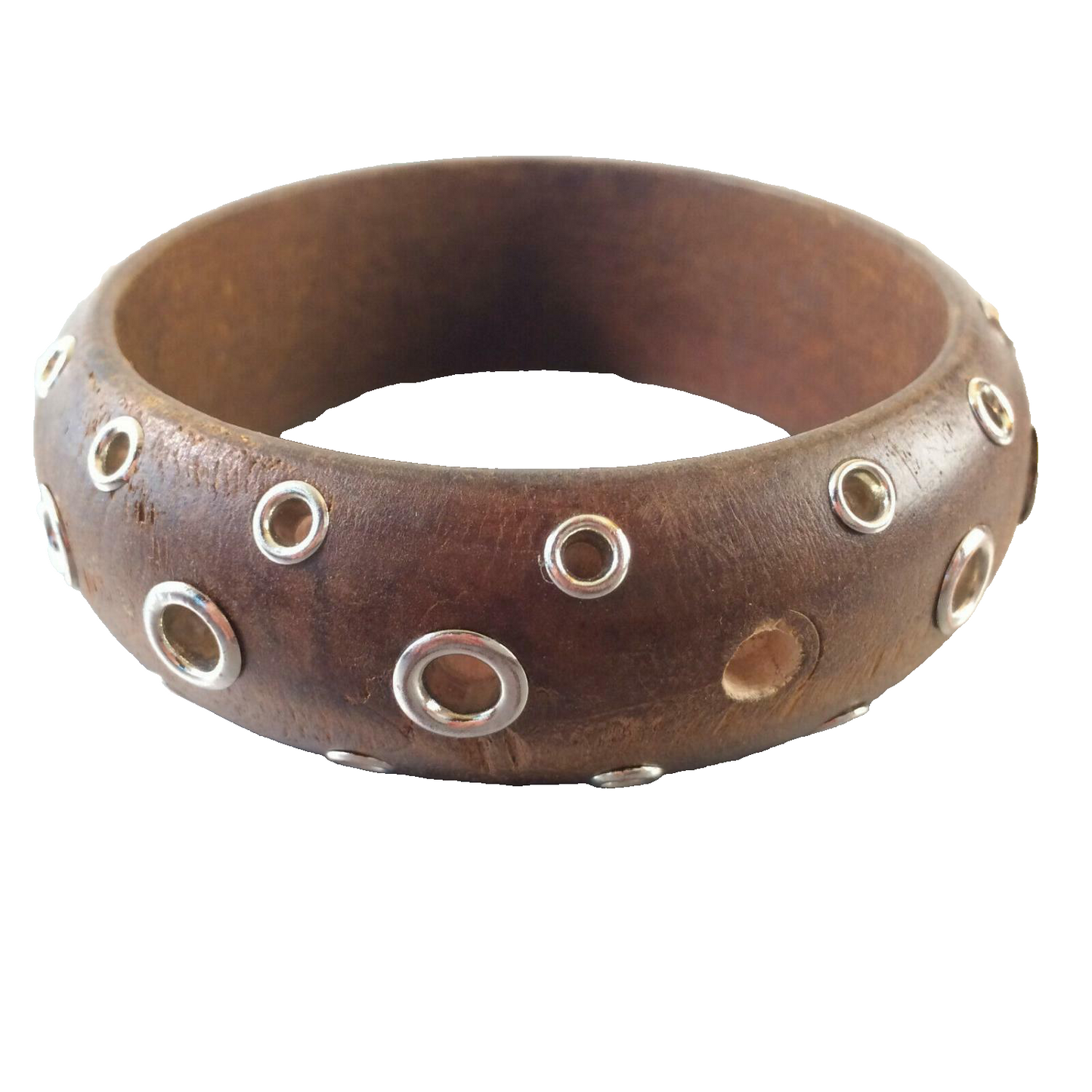 Armreif Armkette im Vintage Design Holz innen D 6,5 cm Perlen Nieten