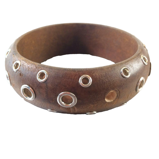 Armreif Armkette im Vintage Design Holz innen D 6,5 cm Perlen Nieten