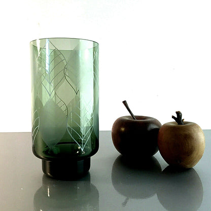 Vintage Rauchglas Vase 50er 60er 16 cm mit Blättern MID CENTURY