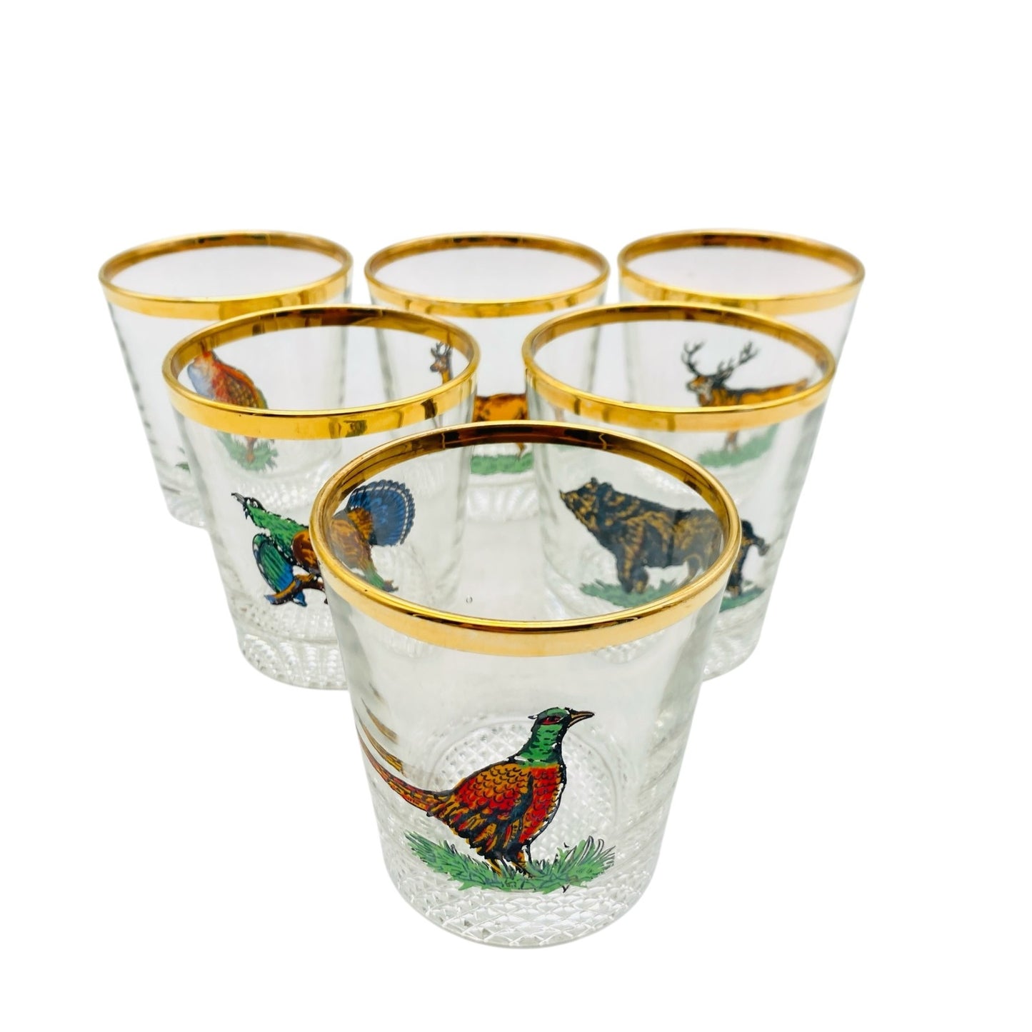 Whiskygläser 6er Set bemalt 60er 70er Vintage H 8,2 cm Waldtiere Goldrand Vintag