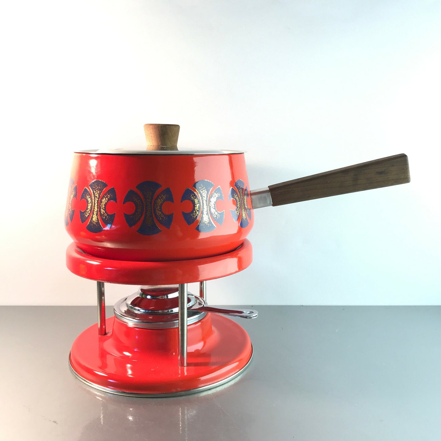 Vintage Fondue Fonduetopf Stövchen Rechaud Brenner Emaille MID CENTURY