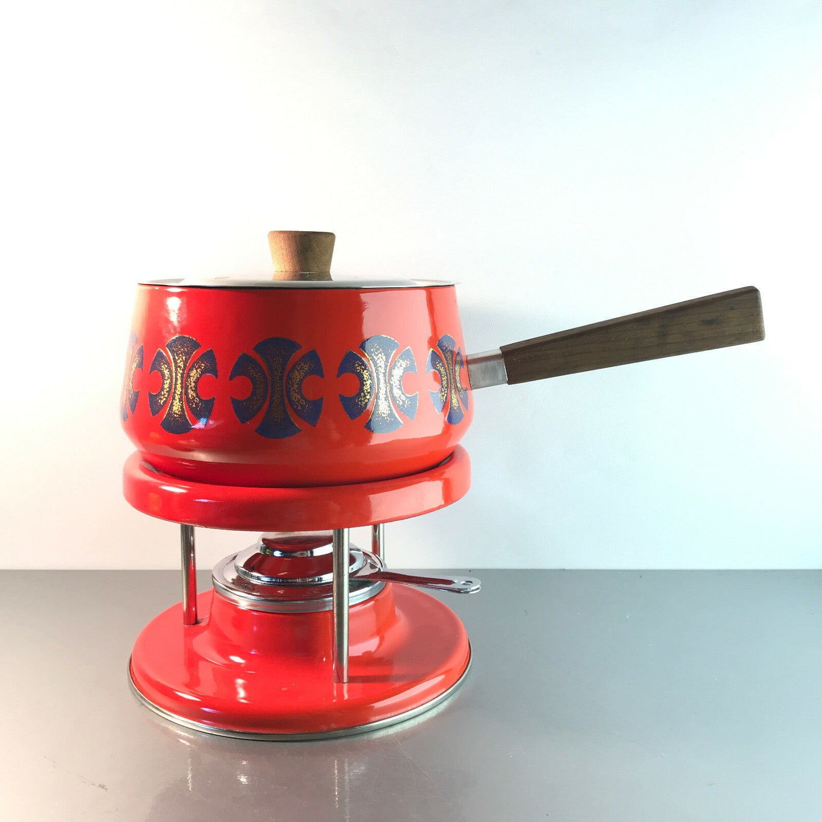Vintage Fondue Fonduetopf Stövchen Rechaud Brenner Emaille MID CENTURY