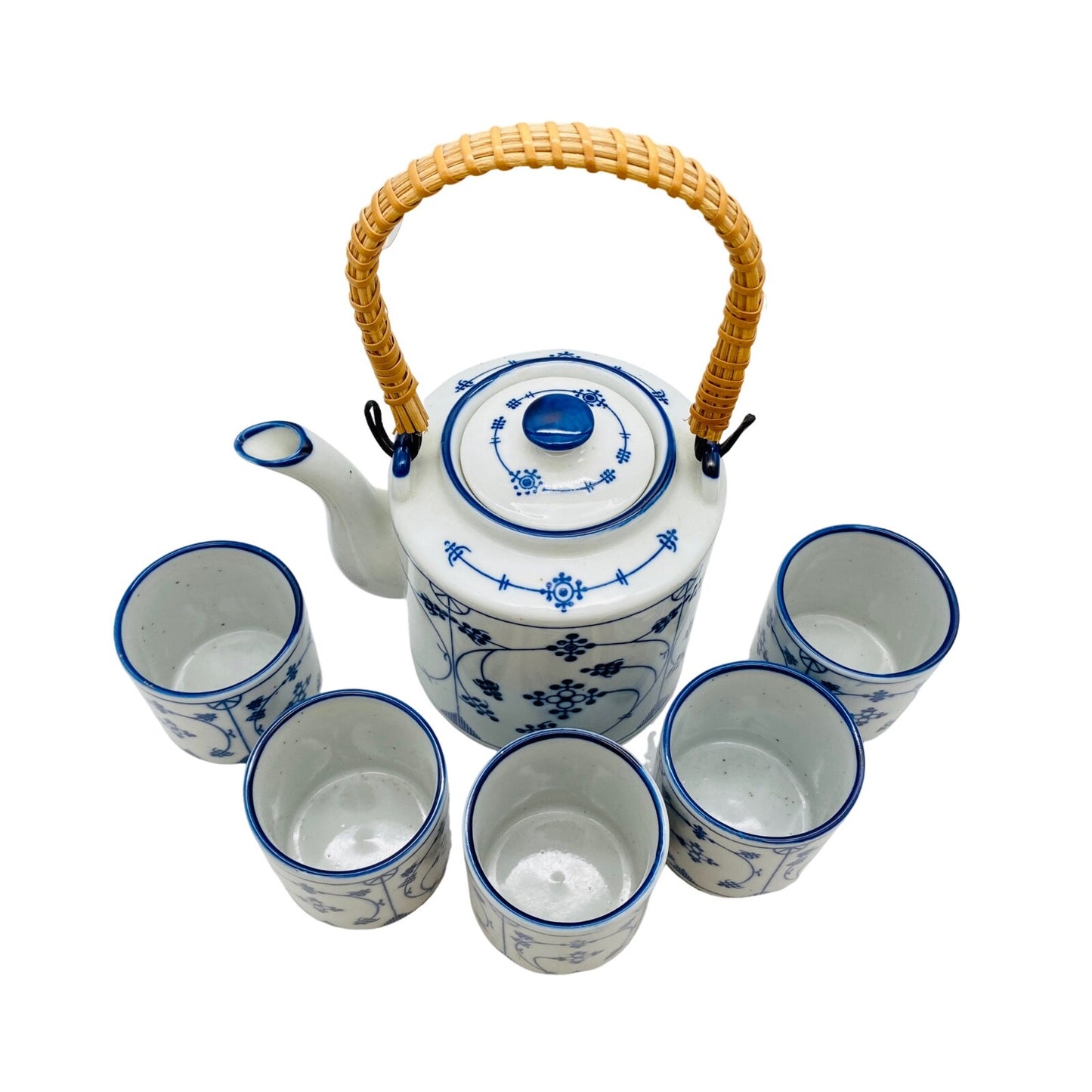 Teeservice 5er Set Teeschalen Teekanne blau weiß Blüten Vintage 60er 70er Jahre