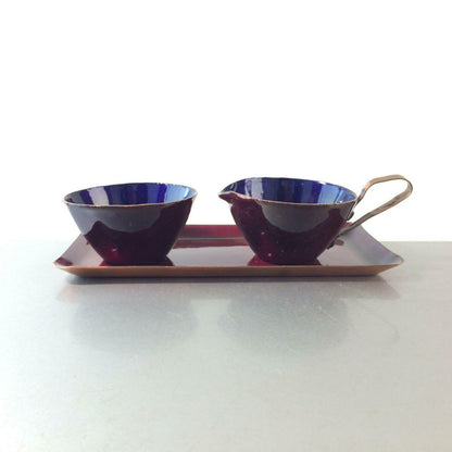 Vintage Rahmservice blau violett KUPFER Emaille 40er 50er Zucker Milch Set