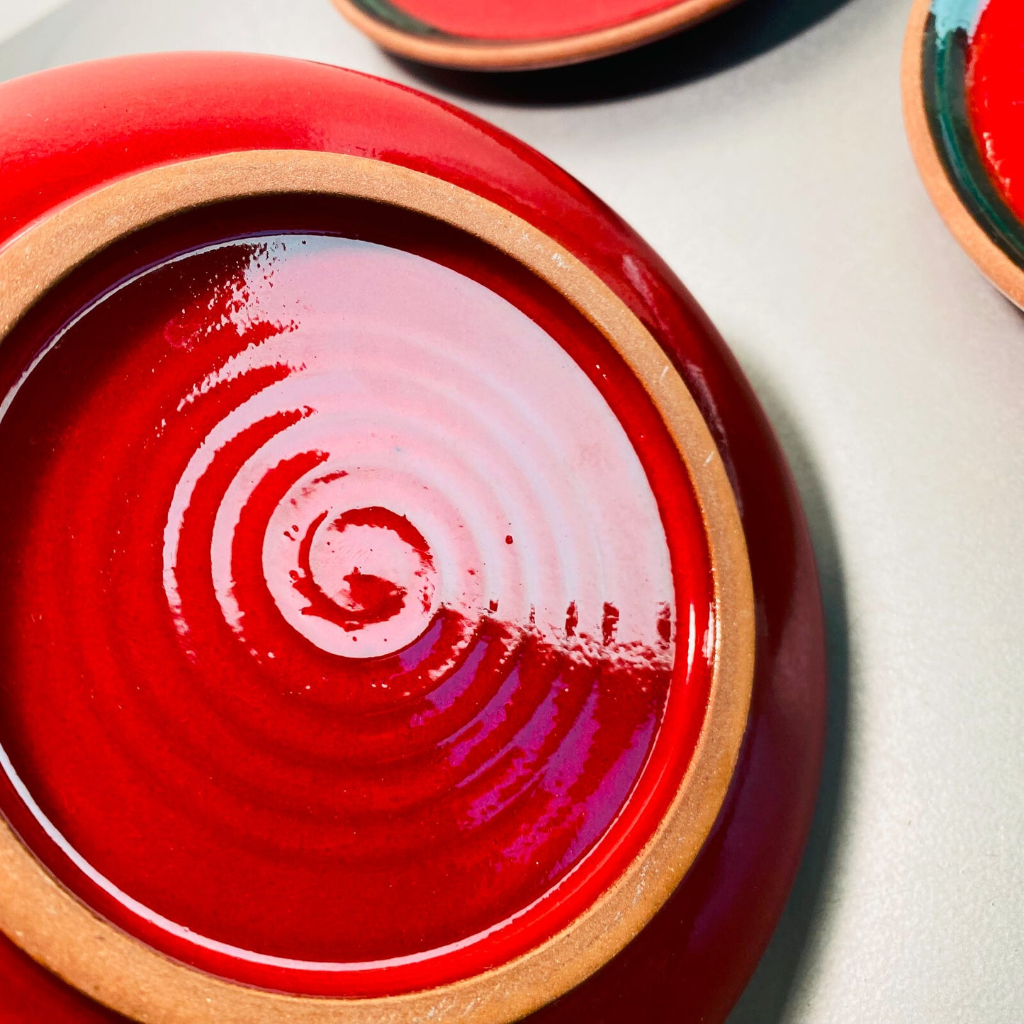 Keramik Teller 3er Set rot grün  15 cm Dessertteller Vintage 60er 70er