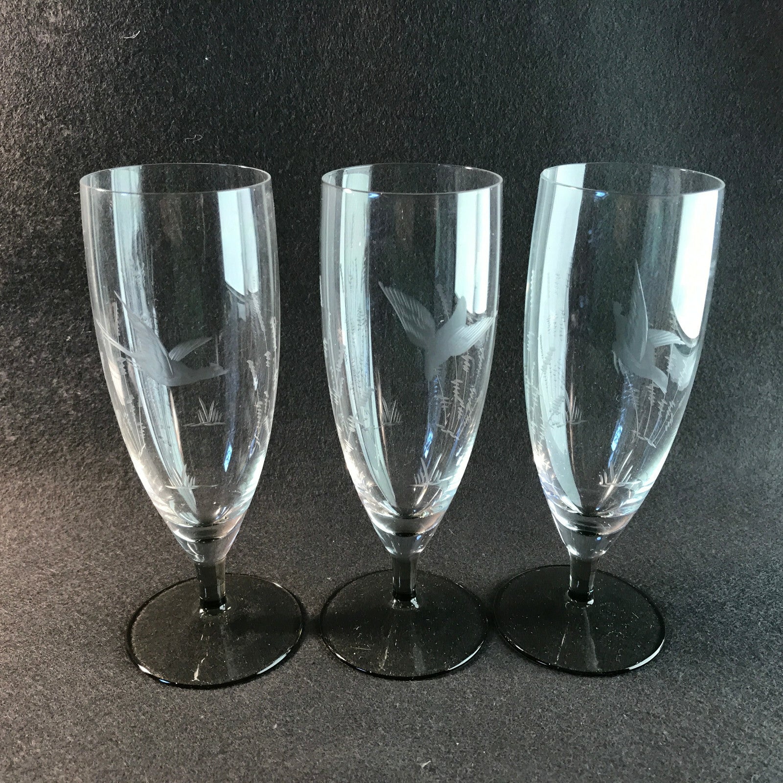 Vintage RAUCHGLAS 15,7 cm Sektgläser 3 er Gläser Trinkgläser Glas Schliff