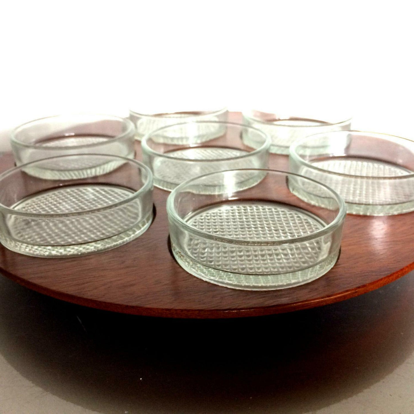 Rondell Drehscheibe Schale SCHÄLCHEN Glas MID CENTURY 50er 60er Holz 35cm