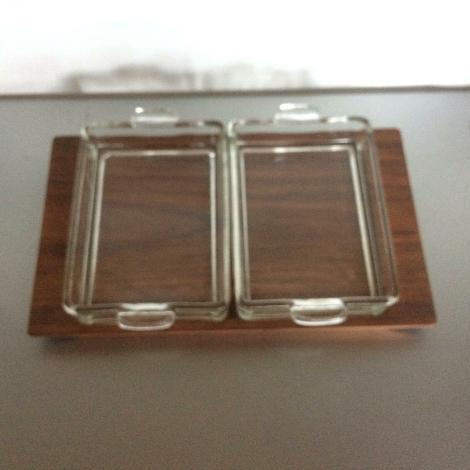 Servierschalen auf Tablett Holz Teak 50er 60er Glas Schalen Schälchen