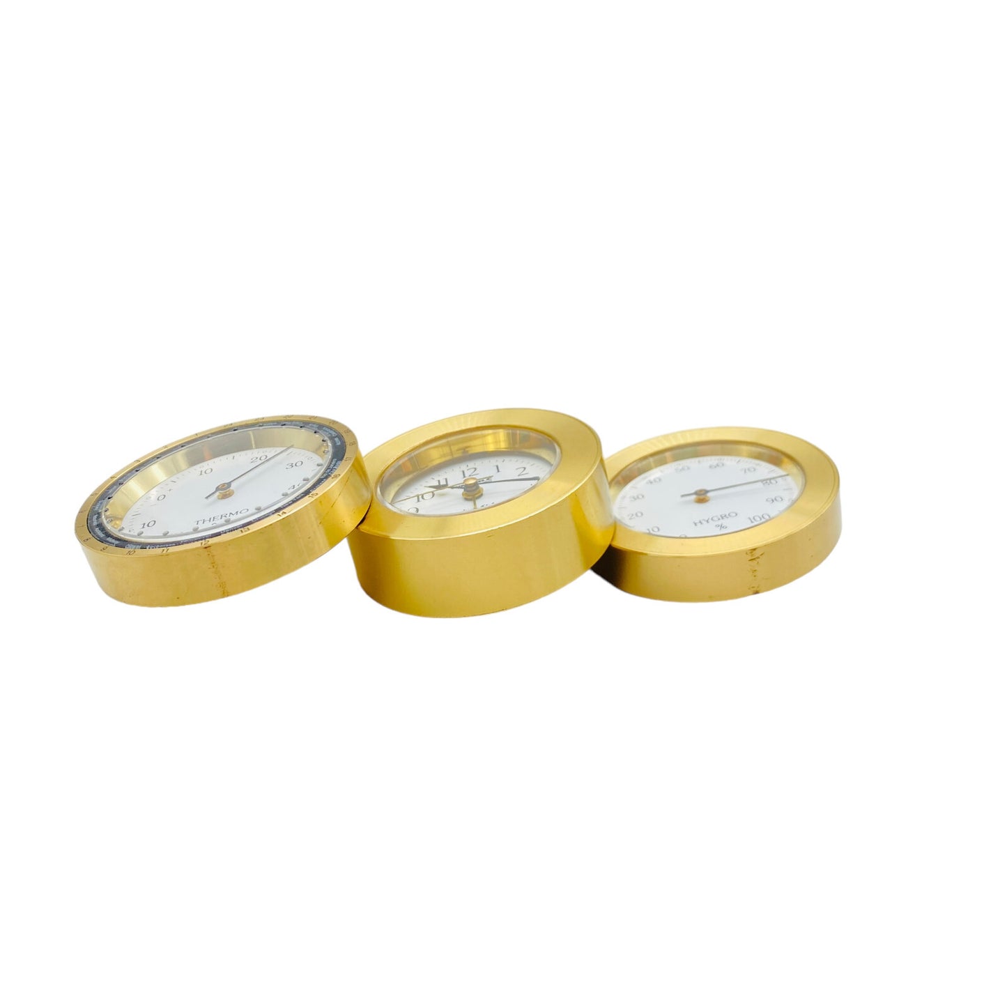 Hydrometer mit Thermometer und Wecker Reiseuhr golden Wehrle D 5,5 cm