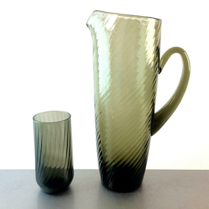 Karaffe + Glas 50er 60er Vase MID CENTURY Rauchglas 27 cm Kanne Set