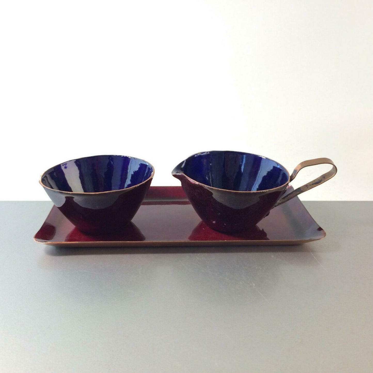 Vintage Rahmservice blau violett KUPFER Emaille 40er 50er Zucker Milch Set