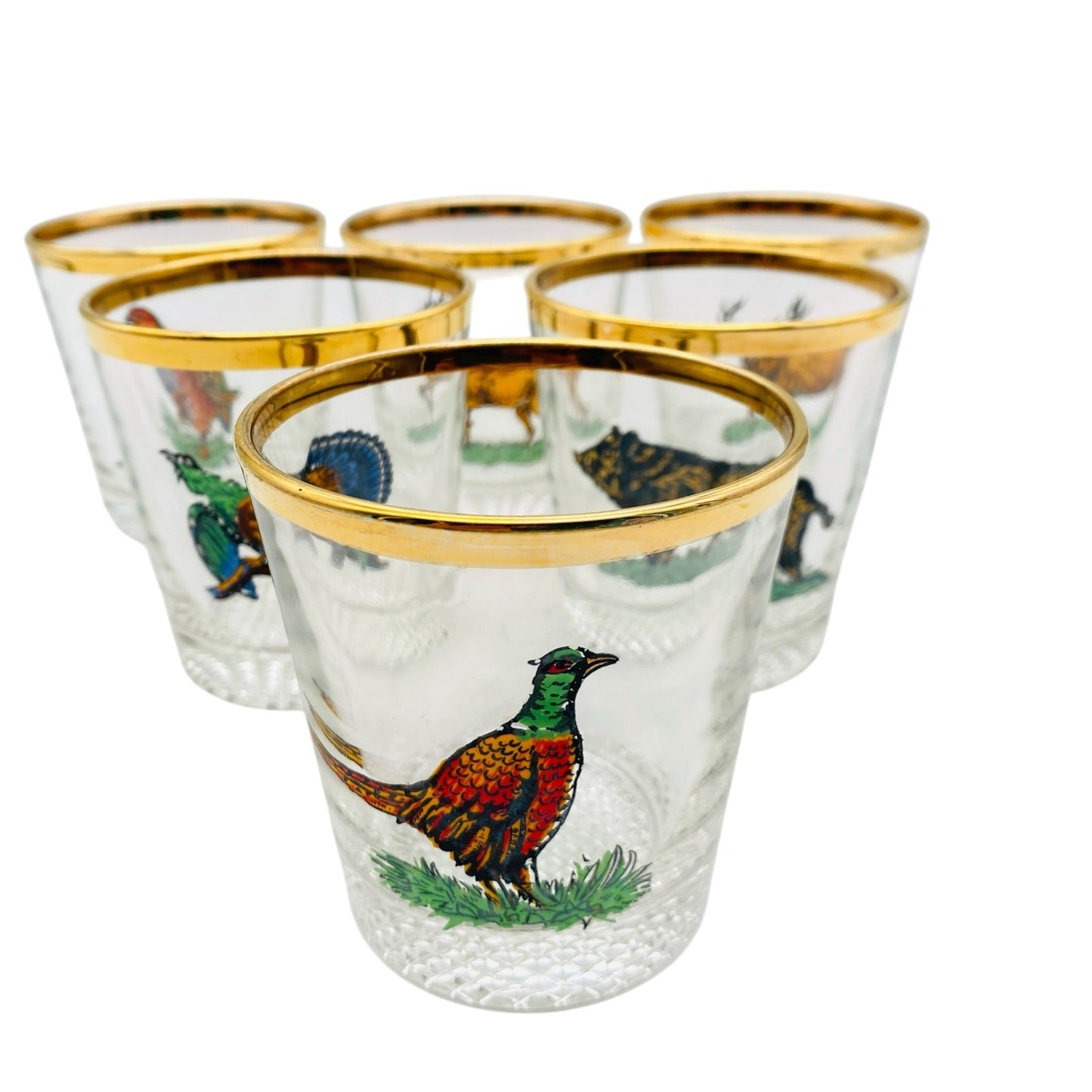Whiskygläser 6er Set bemalt 60er 70er Vintage H 8,2 cm Waldtiere Goldrand Vintag