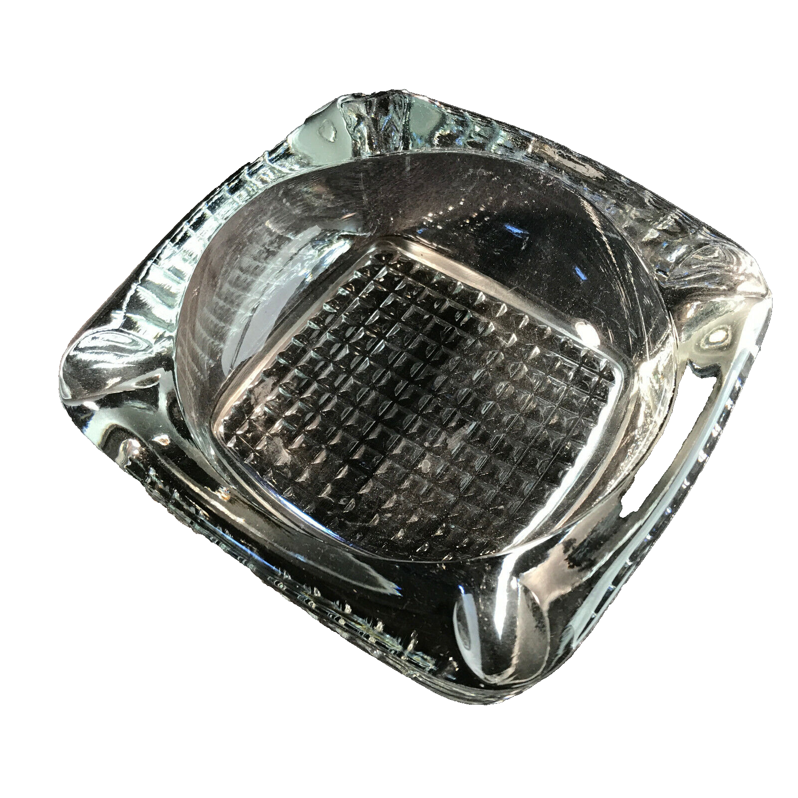 Ascher Glas klar D 18  cm Aschenbecher 60er Vintage schwer Rauten unten