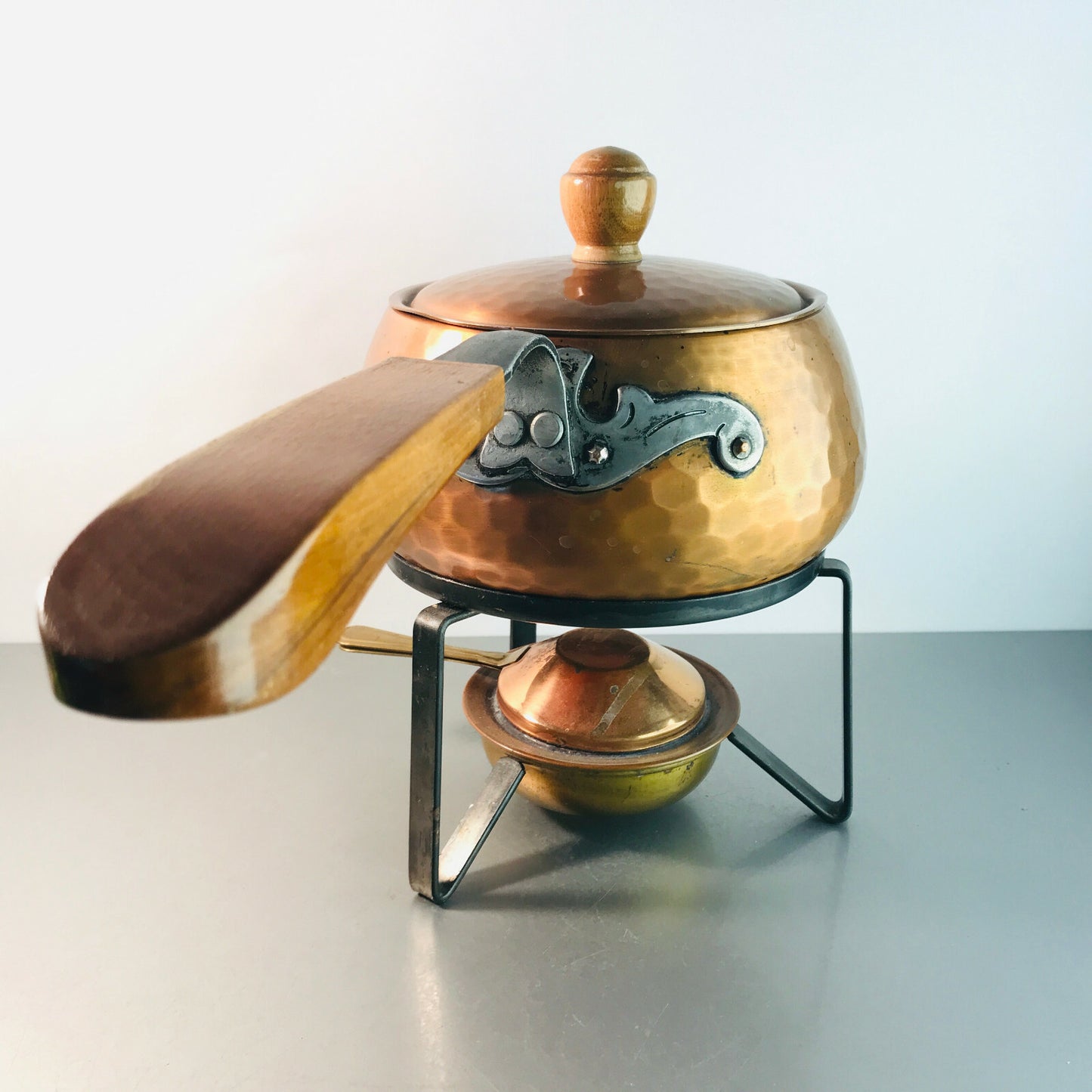 stockli Swiss FONDUE Topf Vintage Kupfer 60er Fonduetopf Stövchen Brenner