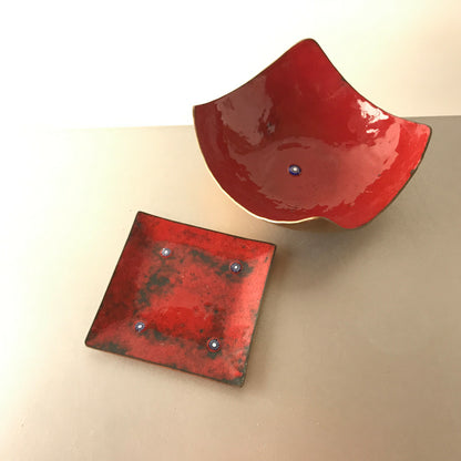 MID CENTURY Emaille Schalen 50er Vintage rot D 13,7 / 16 cm