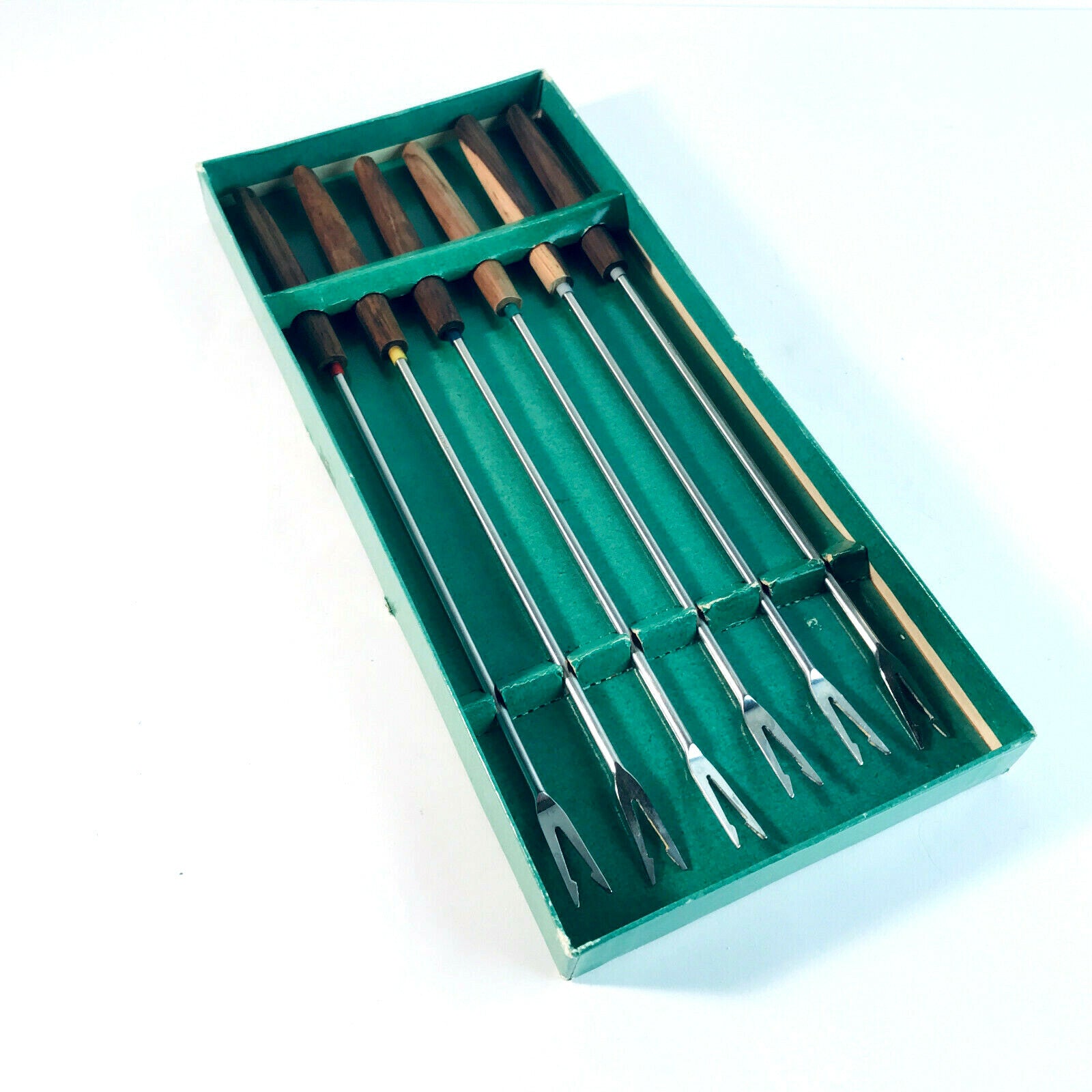 6er Set Fonduegabeln Gablen fürs Fondue rostfrei 25 cm Holz Griffe