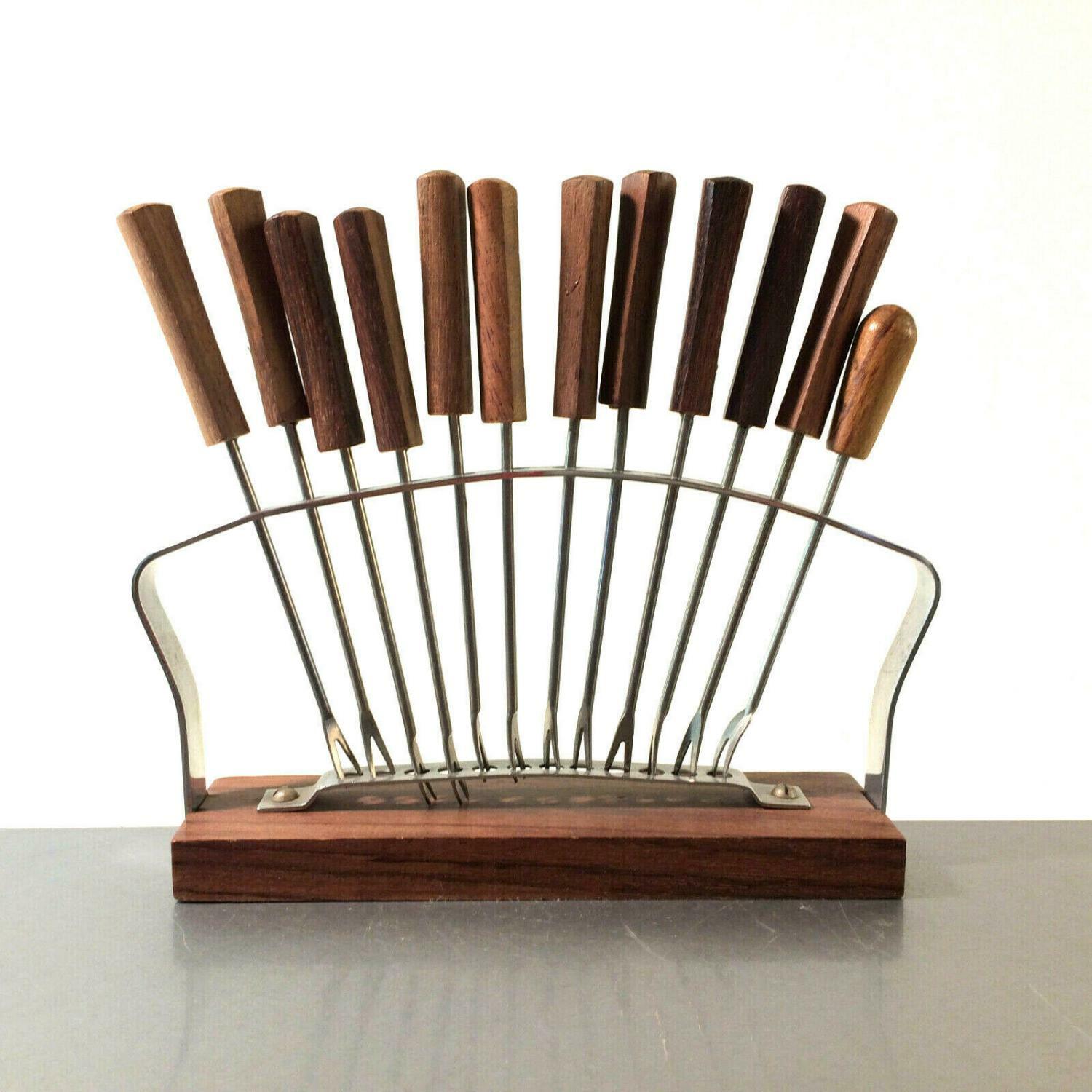 EDELSTAHL & Holz Teak MID Century Gabeln Picker Spieße Halter 