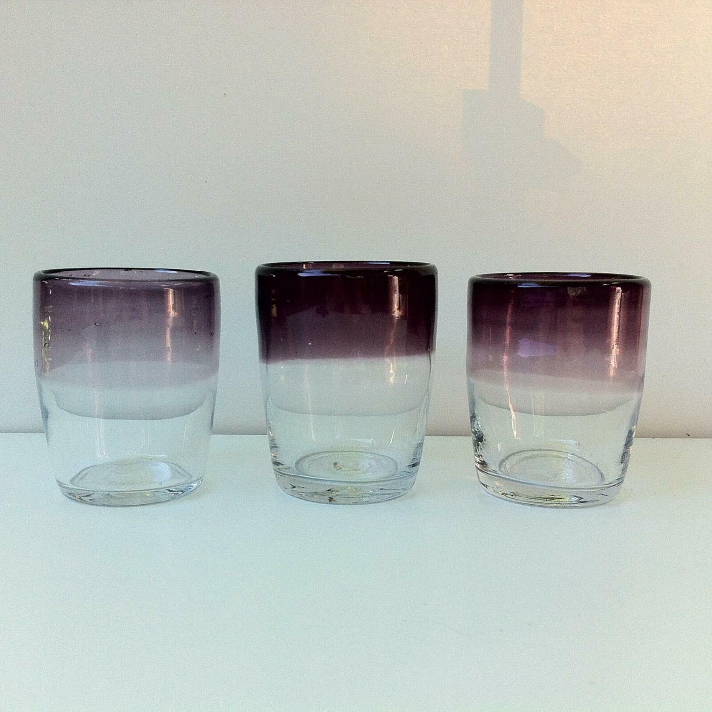 3er Set Gläser Wasserglas Glas Unikate violett lila H ca. 10 cm