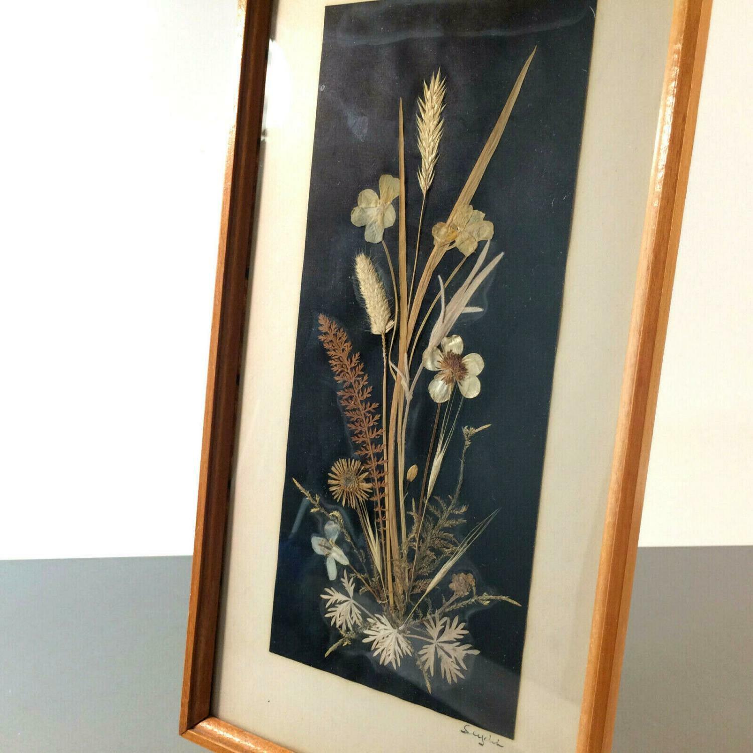 Strohbild VINTAGE 50er 60er Vase Blumen 16,5 x 31,4 cm im Rahmen 