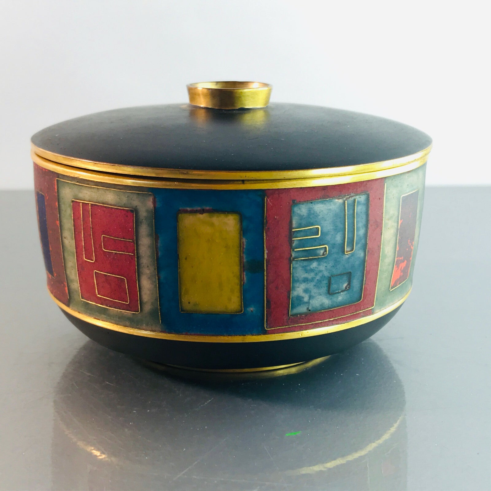 Käthe RUCKENBROD Deckeldose Dose Emaille 50er 60er Stegemaille Email 