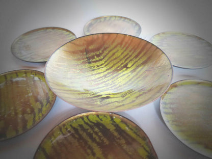 KUPFER Emaille Tellerchen 50er 60er MID CENTURY emailliert Untersetzer Set Deko