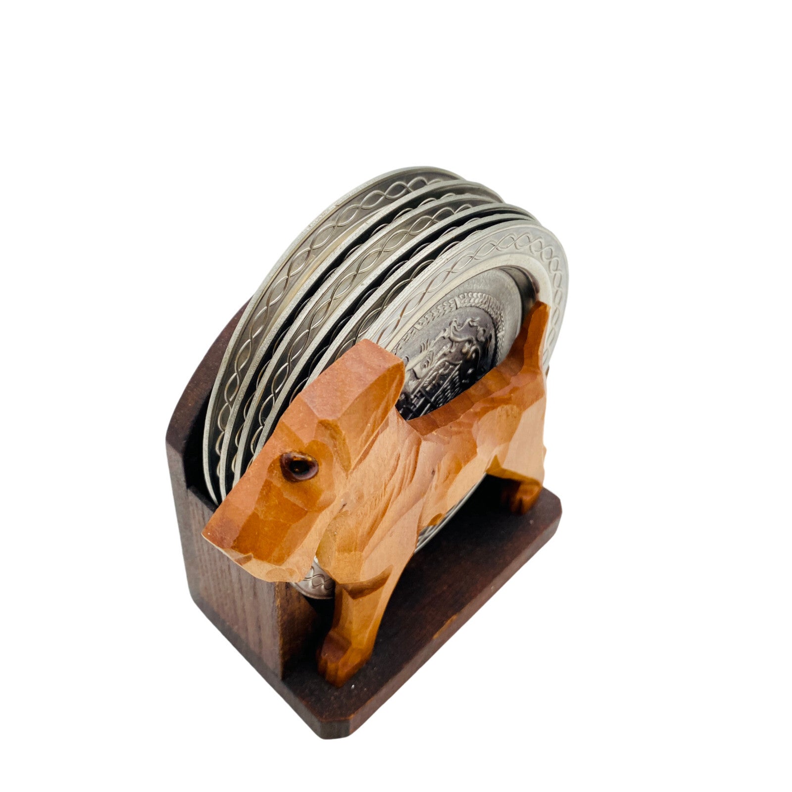 BMF Zinn Untersetzer im Halter 9,8 cm 60er 70er MID CENTURY Hund Pudel