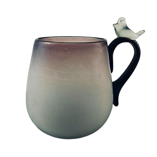 Vase Glas Tasse mit Vogel lila Überlauf Satinato 9,5 cm 80er 70er